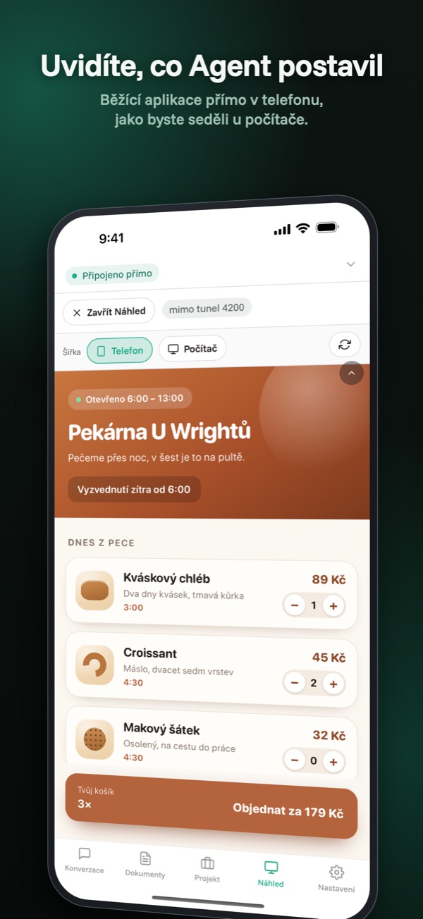 Náhled — Rozpracovaná aplikace na displeji telefonu.