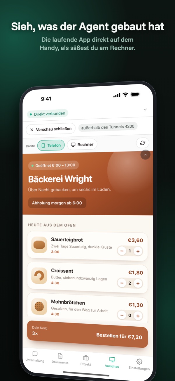 Vorschau — Die App, an der du arbeitest, auf einem echten Telefondisplay.