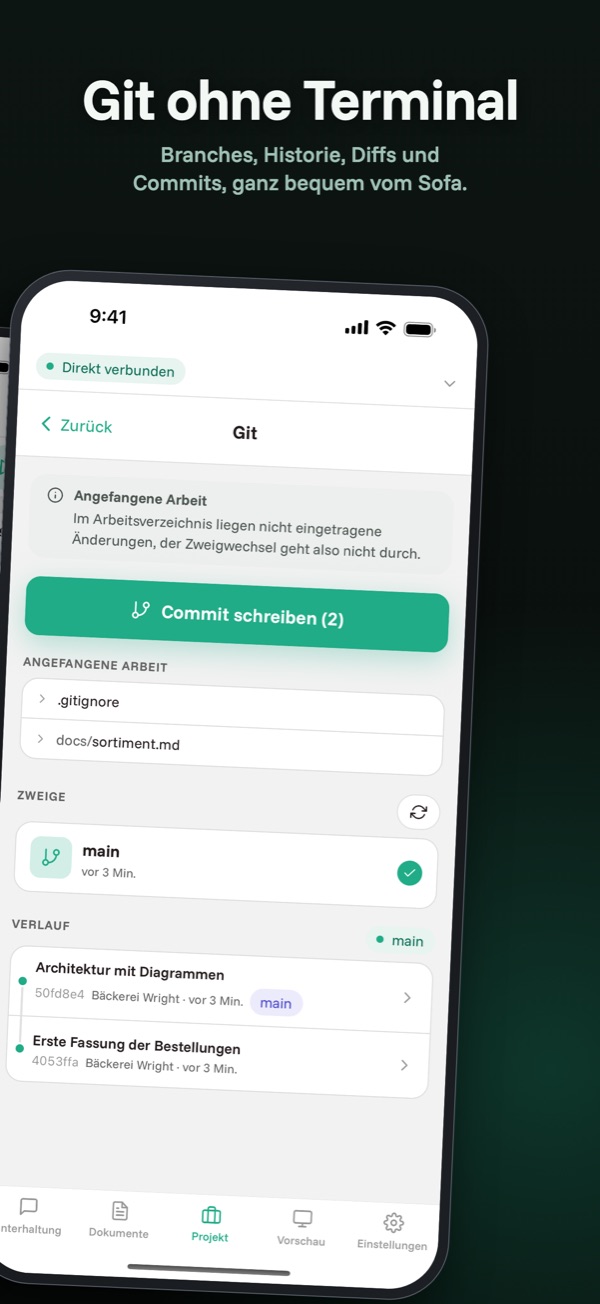 Git — Branches, Zusammenführen und Commit mit einem Tippen.